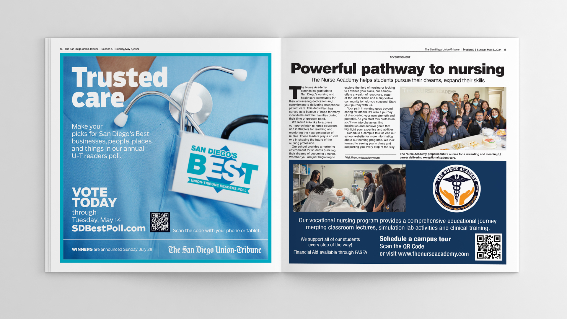 A magazine spread displaying two pages: the left advertises Salute to Nurses by San Diego Union-Tribune and the right discusses pathways to nursing careers with The Nurse Academy